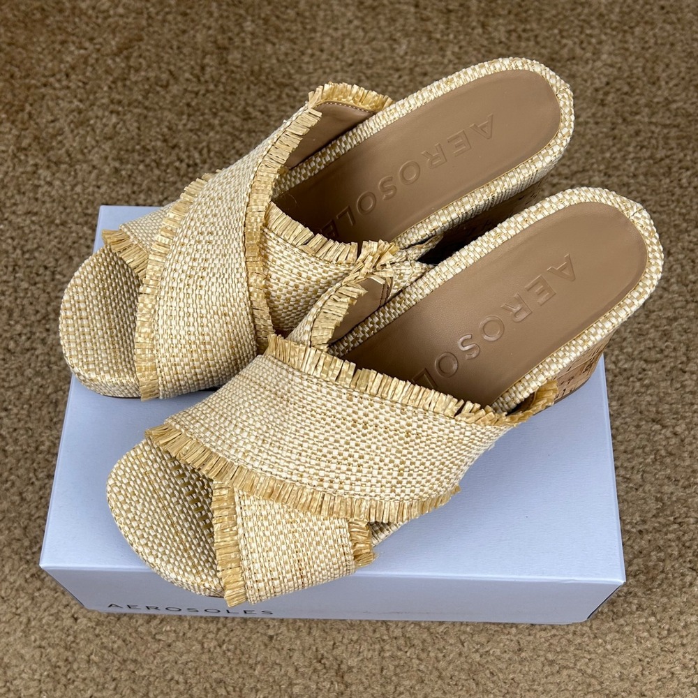 AEROSOLES Natural Straw Wedge Sandals - Picture 2 of 12